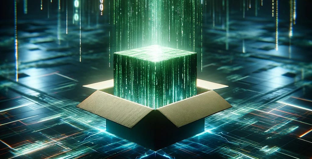A glowing green digital cube made of cascading data streams emerges from an open cardboard box, surrounded by a futuristic circuit-like digital environment with vertical lines of code and electric grid patterns.