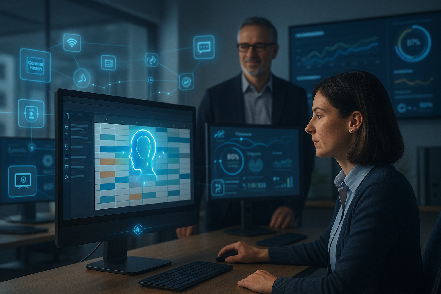 A woman with brown hair in a suit sits in front of a desktop monitor, typing on a keyboard. A man stands to her right. Glowing icons float all around them, illustrating .